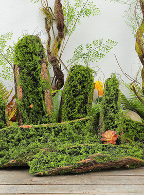 苔藓树皮花桶插花造景