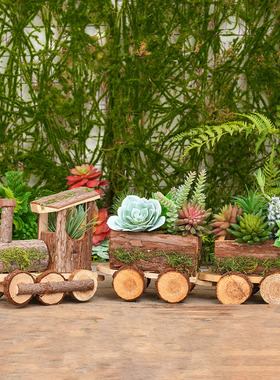 森系木质树皮火车花架摆件造景庭院户外微景观园艺花园摆设布置