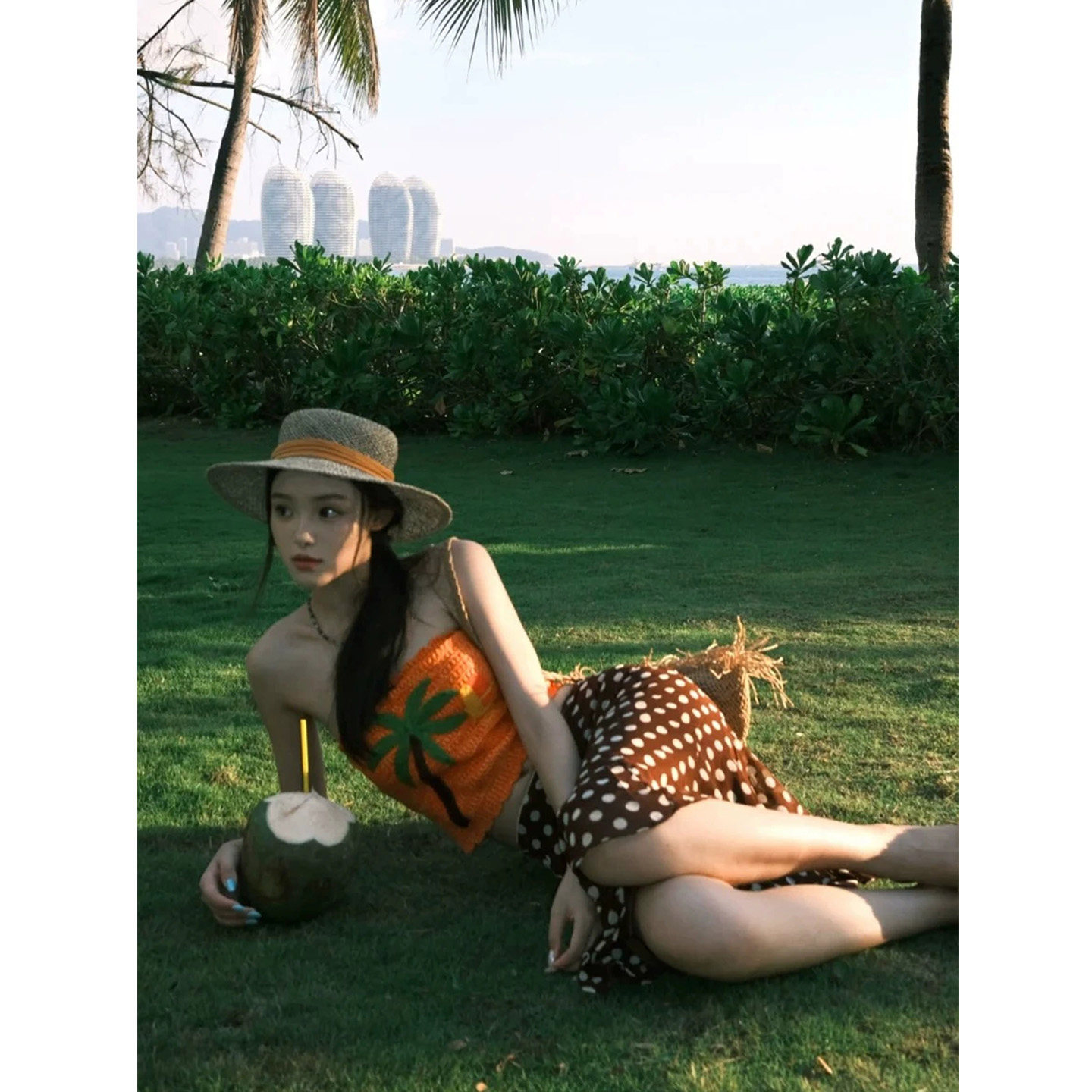 XZY 微胖海岛风情印花针织抹胸上衣女25年夏季度假波点半身裙套装,淘宝优惠券,粉丝福利购,淘宝优惠卷