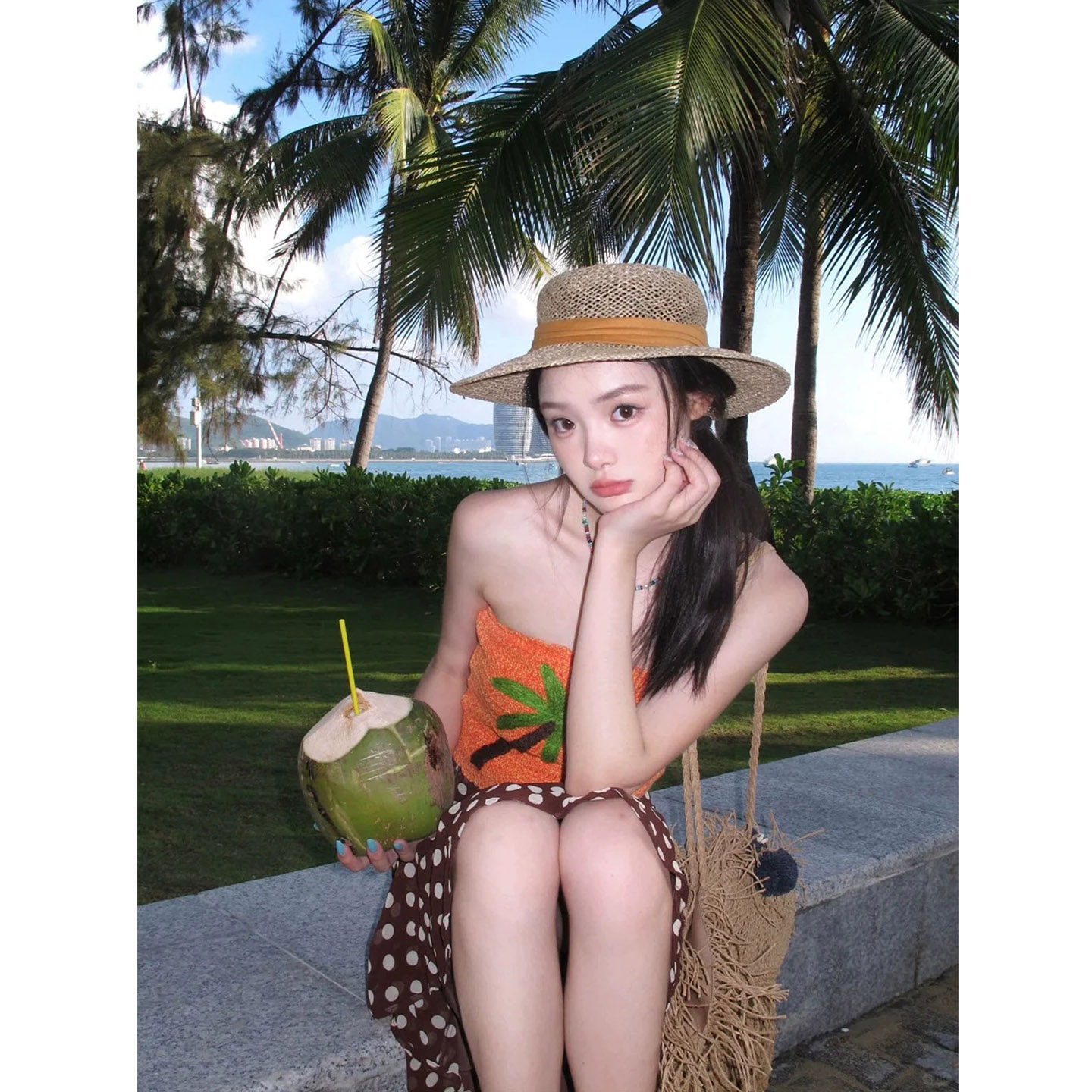 XZY 微胖海岛风情印花针织抹胸上衣女25年夏季度假波点半身裙套装,淘宝优惠券,粉丝福利购,淘宝优惠卷