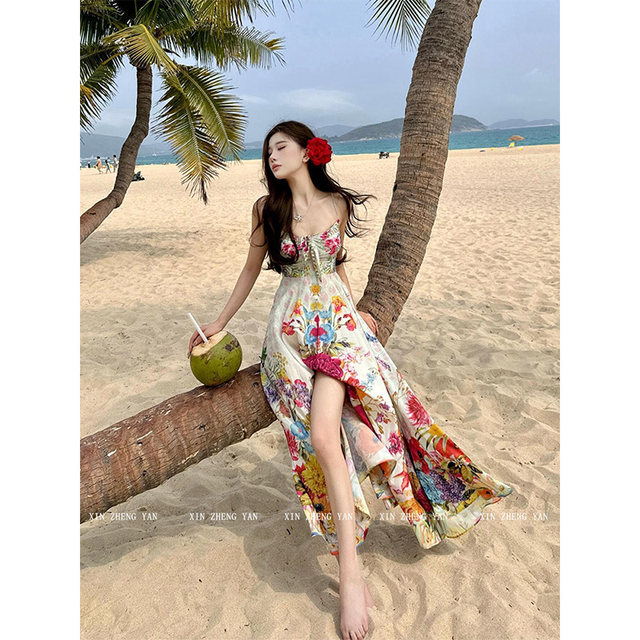 High-end colorful floral suspender strap dress