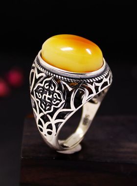 s925纯银戒指托男款diy蜜蜡镂空