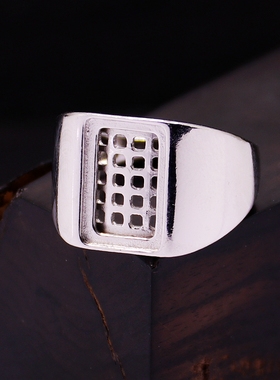 纯银戒指空托方形蜜蜡镶嵌S925