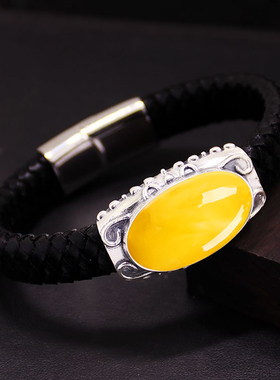 s925皮绳手镯空托diy松石18*30