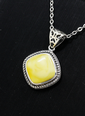 S925纯银吊坠空托复古女款圆角方形DIY蜜蜡松石琥珀玉石镶嵌10*10