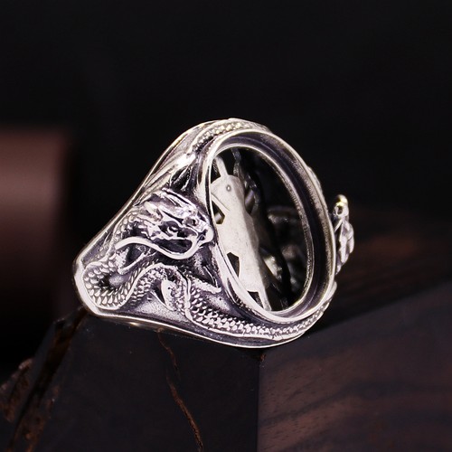 S925纯银戒指空托霸气男款封底双龙戏珠DIY蜜蜡松石玉石镶嵌16*21 - 图2