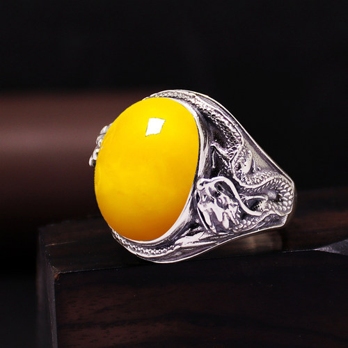 S925纯银戒指空托霸气男款封底双龙戏珠DIY蜜蜡松石玉石镶嵌16*21 - 图1