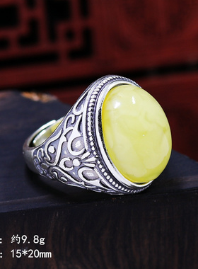 霸气男款S925纯银戒指空托复古时尚兽面DIY蜜蜡松石琥珀镶嵌15*20