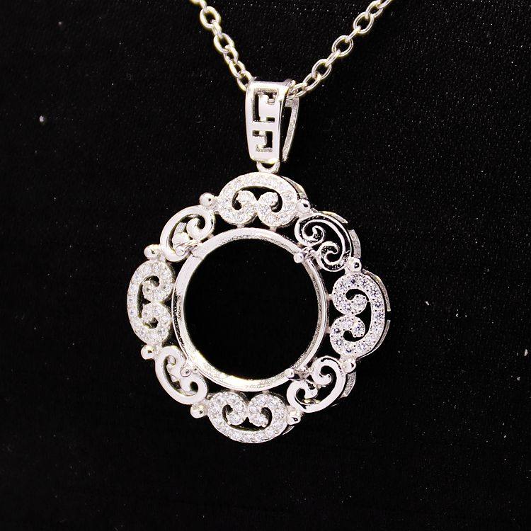 s925空托女款圆形蛋面可装纯银吊坠 祈禧珠宝项坠/吊坠