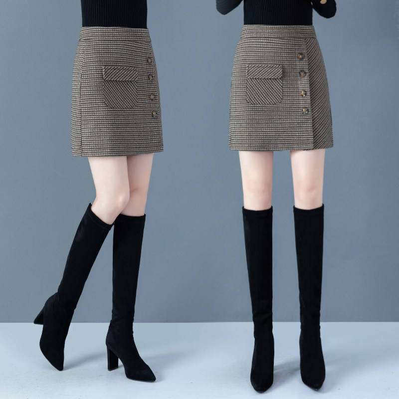 格子秋冬毛呢a字2020新款半身裙 时雁半身裙