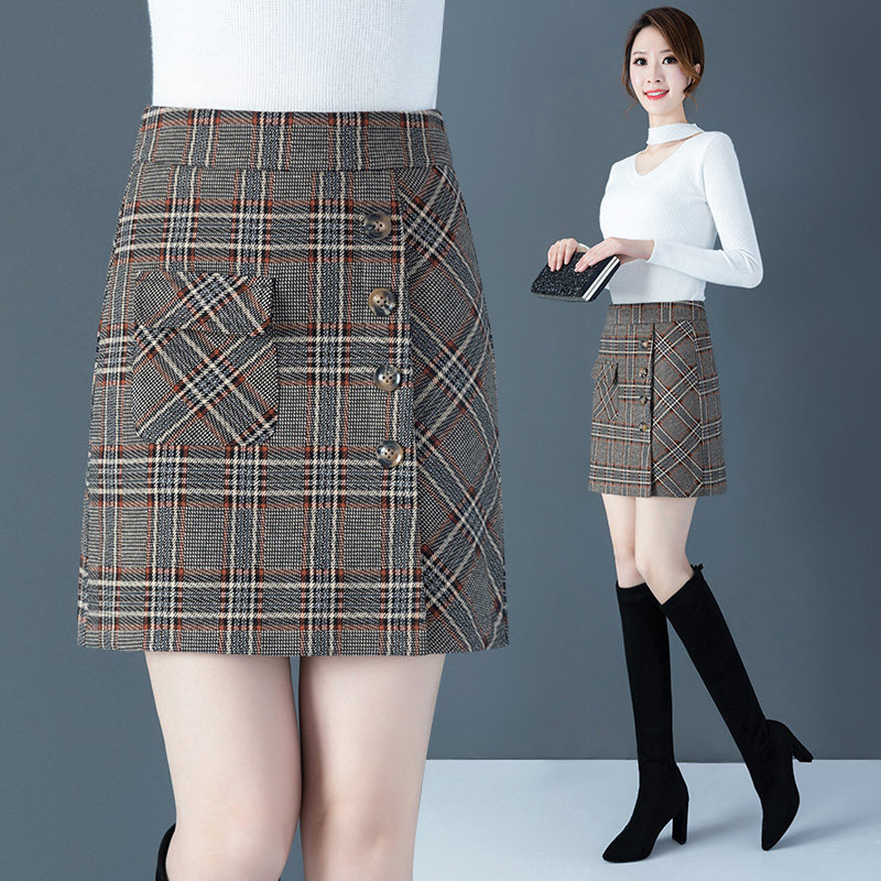 格子秋冬毛呢a字2020新款半身裙 时雁半身裙