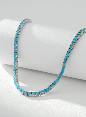 跨境单排绿松石项链颈链S925纯银嘻哈彩色网球链欧美时尚男女饰品