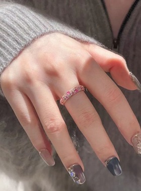 S925纯银镀玫瑰金色红刚玉粉钻密镶叠戴戒指渐变粉红钻戒优雅轻奢