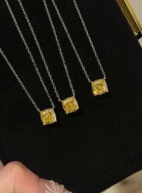 枕形切割招财黄钻戒指项链通体S925纯银高碳钻富家千金钻戒锁骨链