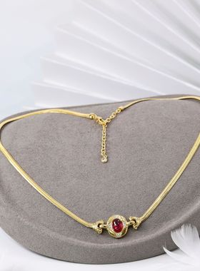 5.2ct复古培育素面蛋形红宝石锁骨链项链S925银蛇骨链百搭质颈链