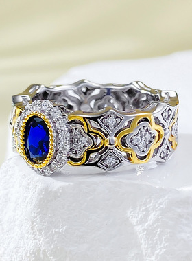 辉之翼珠宝新款S925银布家法式浪漫4*6mm仿真皇家蓝宝石戒指环女