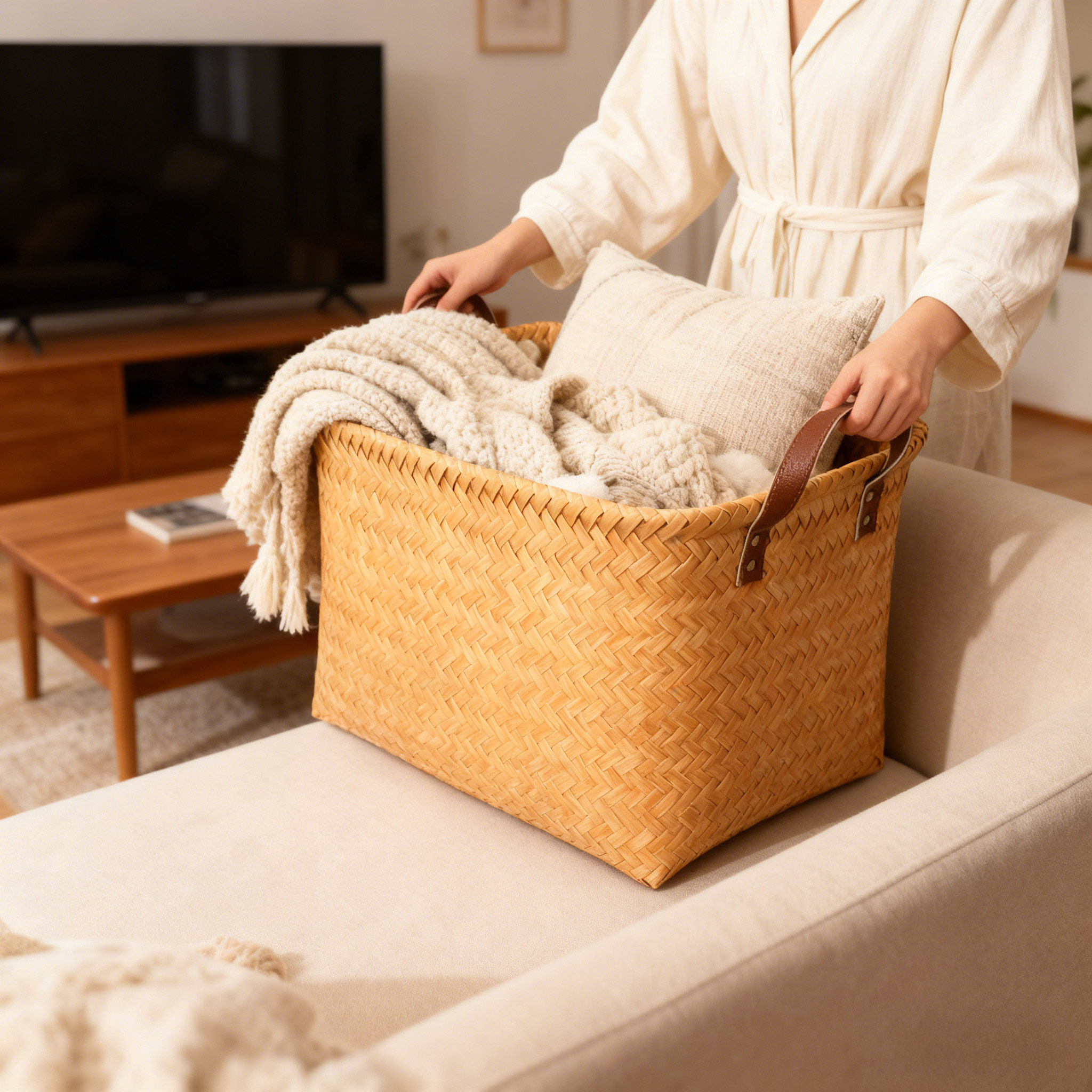 日式仿藤编织收纳筐橱柜台面杂物收纳篮脏衣篮桌面零食玩具储物箱,淘宝优惠券,粉丝福利购,淘宝优惠卷