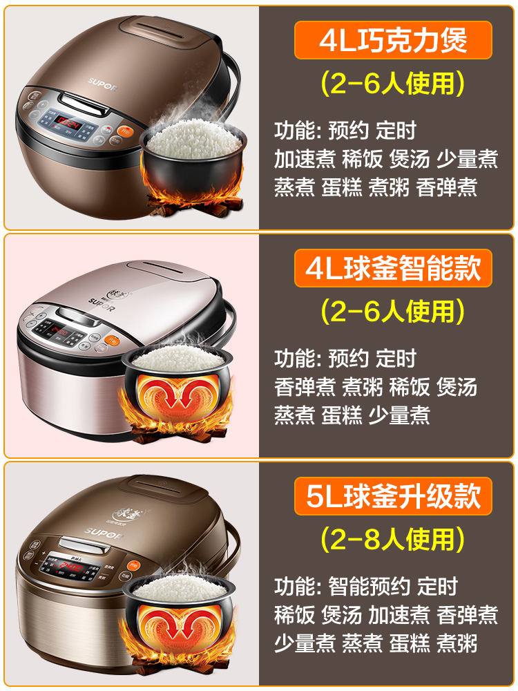 苏泊尔生活电器旗舰店苏泊尔球釜电饭煲4-5L升多功能家用可预约定时保温煮粥电柴火饭锅0