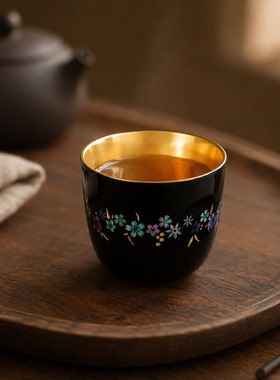正大明漆器大漆螺钿杯茶杯水晶玻璃杯手工制作传统非遗大漆漆器
