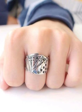 2026黑桃方块同花顺男士扑克牌戒指嘻哈欧美复古做旧开口宽版个性