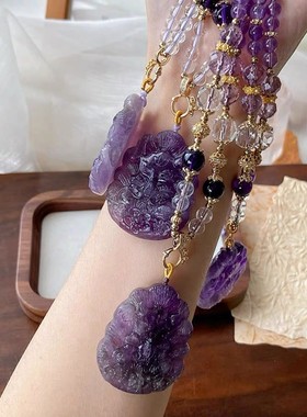 2026天然紫水晶梅花许愿狐狸吊坠紫气东来九尾狐国风项链 万能扣