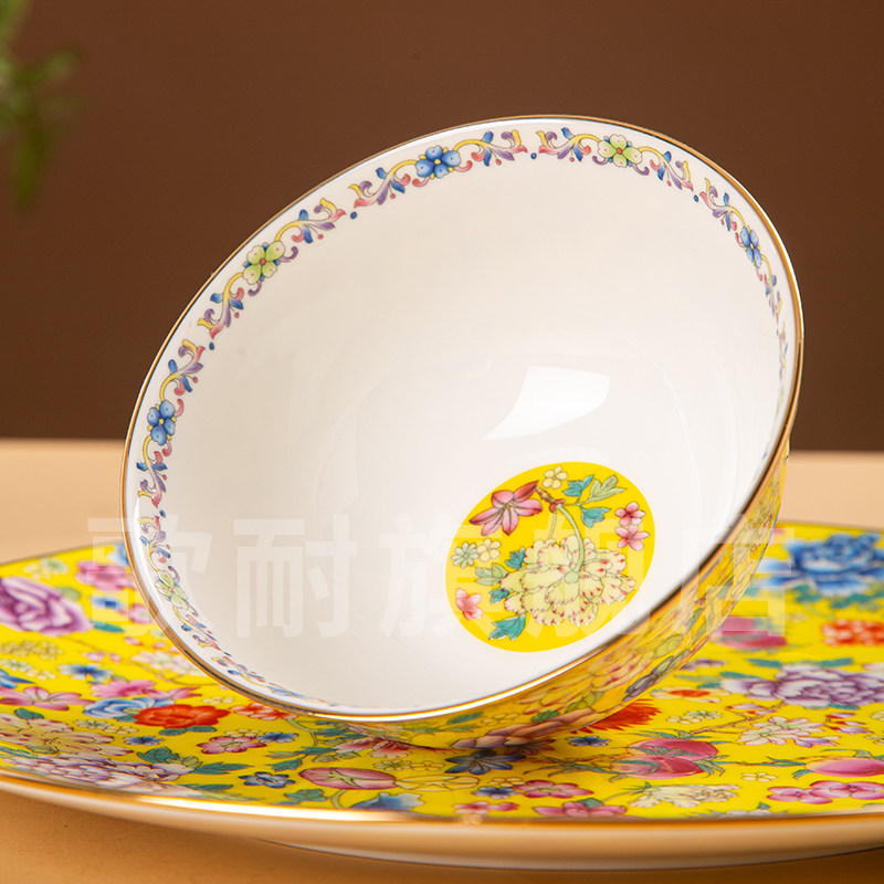 描金万花家用防烫中式景德镇高脚碗 歌耐碗