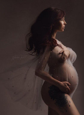 欧美孕妇摄影拍照网纱钉珠披风上衣 爆珠网纱孕妇写真上衣
