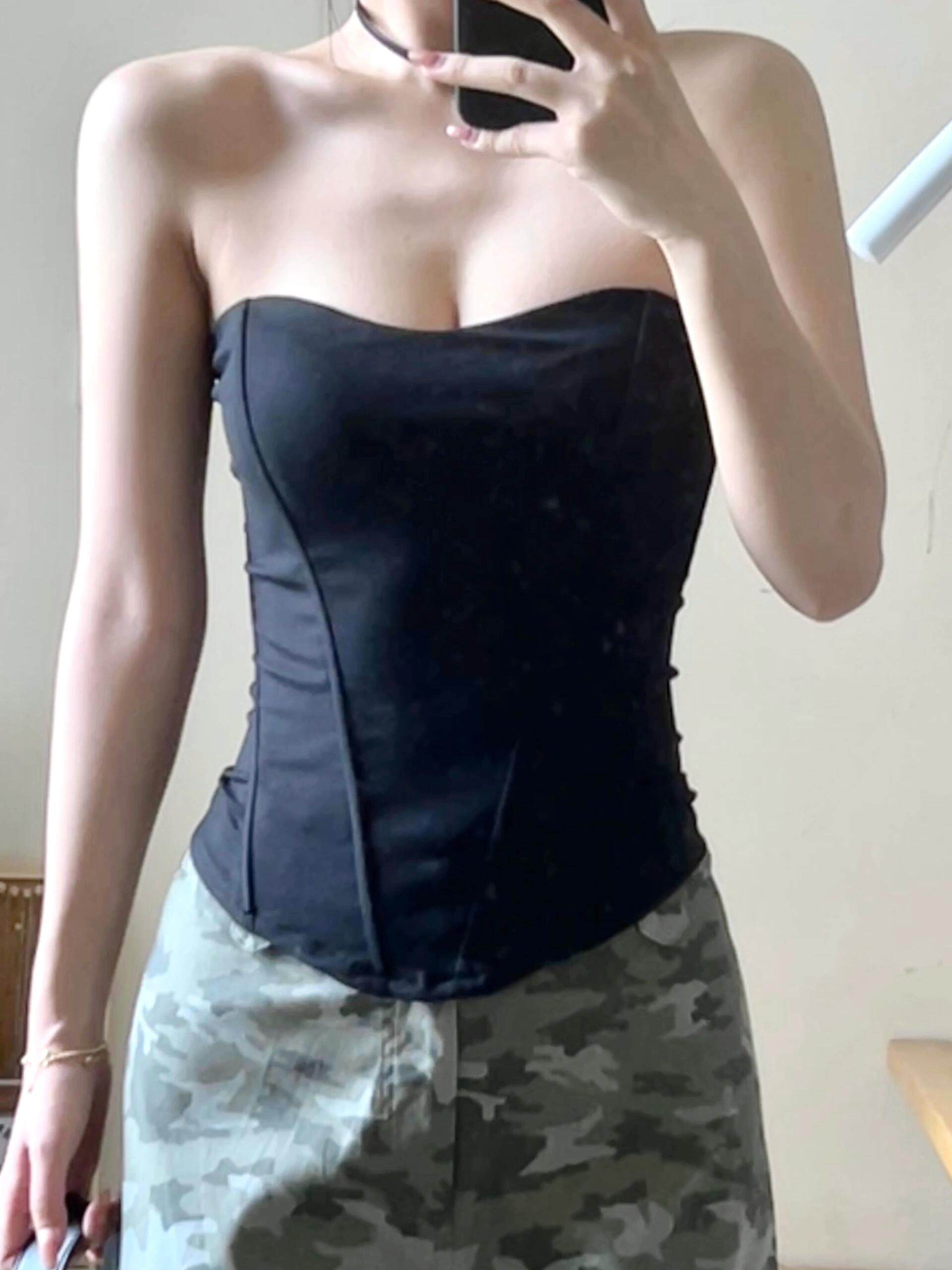 黑色鱼骨抹胸背心女夏季外穿修身裹胸带胸垫内搭打底性感v领上衣,淘宝优惠券,粉丝福利购,淘宝优惠卷