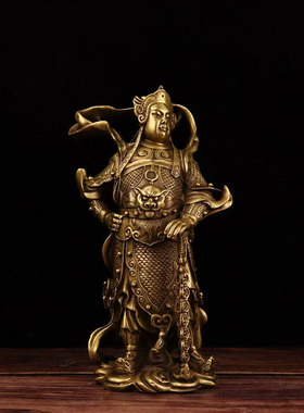 古董文玩纯铜黄铜关公韦陀站像桌面摆件珈蓝菩萨供台供桌人物铜像