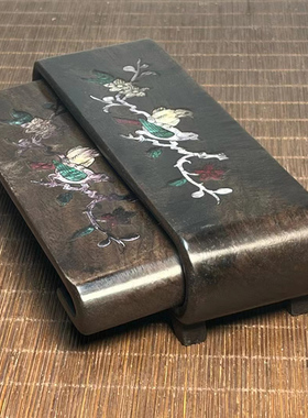 古董文玩旧藏紫色檀木镶贝壳雕刻书卷双层底座墨床一套复古老物件