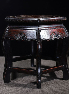 古董文玩紫檀木镶嵌贝壳六角贵妃凳富贵凳换鞋凳子花架底座老物件