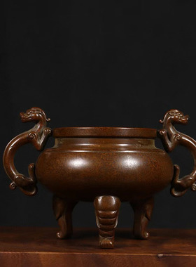 龙香炉纯铜紫铜古董文玩浮雕螭
