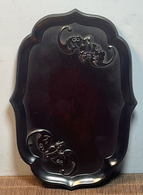 古董文玩黑檀木雕蝙蝠纹茶盘整木托盘桌面摆件果盘贡盘复古盘子