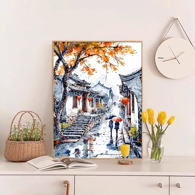 秋天风景数字油画diy填充填色手工绘冬日街景治愈丙烯油彩装饰画