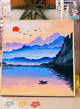 中式山水风景数字油画diy手绘
