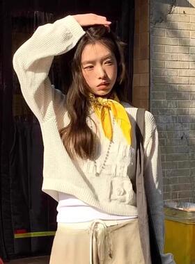 韩女黄色腰果花丝巾系脖印花方巾