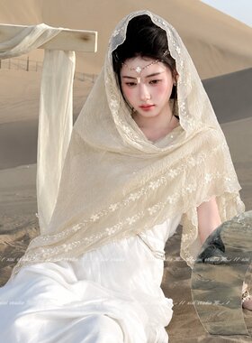 杏色蕾丝褶皱防晒丝巾夏薄款百搭