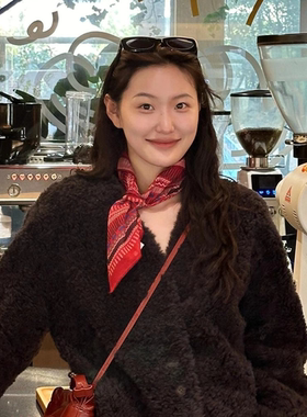 红色文艺棉麻小方巾圣诞节围脖小丝巾时尚装饰新年穿搭护颈围巾女