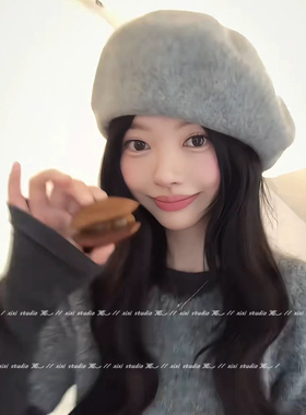日系深灰色仿羊毛贝雷帽大头围女