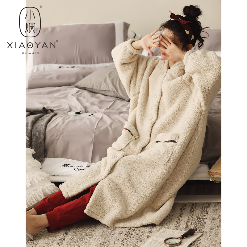 秋冬冬法兰绒加绒长款珊瑚绒睡衣 小烟睡袍/浴袍