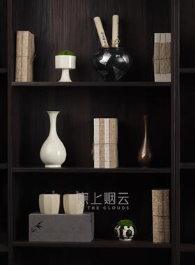 新中式样板间售楼处书房博古架书柜软装银箔花器书籍装饰品摆件