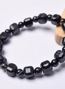 2026富宏珠宝 天然缠丝玛瑙黑条纹方糖手链钻切魔方diy饰品配件