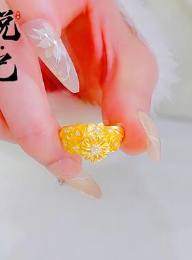 2026小红书爆款古法沙金镶钻繁花似锦开口戒指3D立体雕花时尚百搭