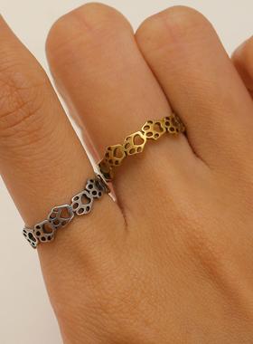 2025欧美跨境热销动物系列时尚百搭可爱小猫脚印不锈钢钛钢开口戒