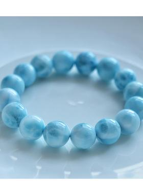 2025天然水晶清新唯美海蓝色拉利玛手链13MM海纹石针钠钙石男女款