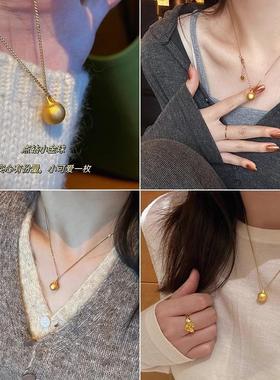 2025有求必应 新款古法沙金磨砂点钻小金球吊坠项链女叠戴锁骨链