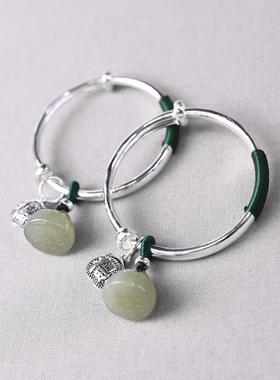 2025时尚镀银手镯复古首饰玉莲蓬福袋铃铛男女款推拉镯子高档玉石