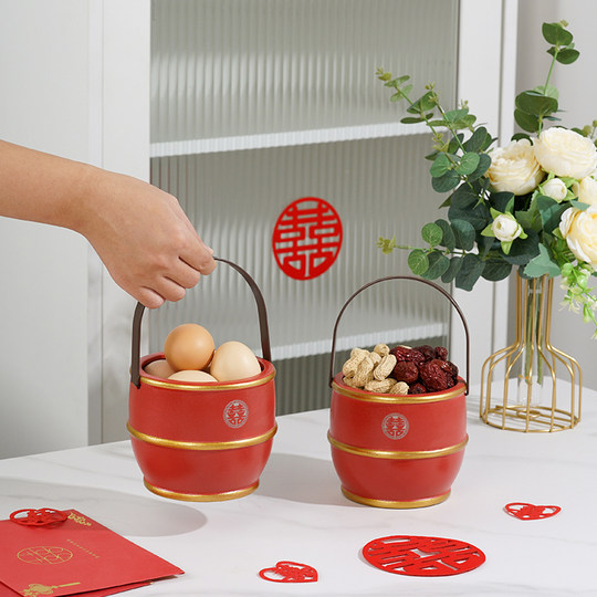 新人结婚子孙桶婚庆用品摆件婚房陶瓷子孙宝桶娘家用陪嫁红色喜桶