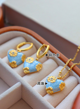 法式复古蓝滴油珐琅爱心锁骨链