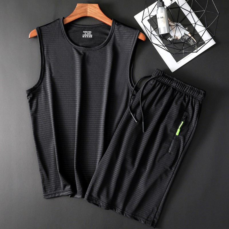 夏季冰丝跑步运动套装男士健身户外 鲨足休闲运动套装